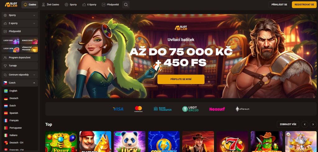 Obrázek online kasina SlotLair s uvítacím bonusem až 100 € a 50 free spiny a hrami od renomovaných vývojářů