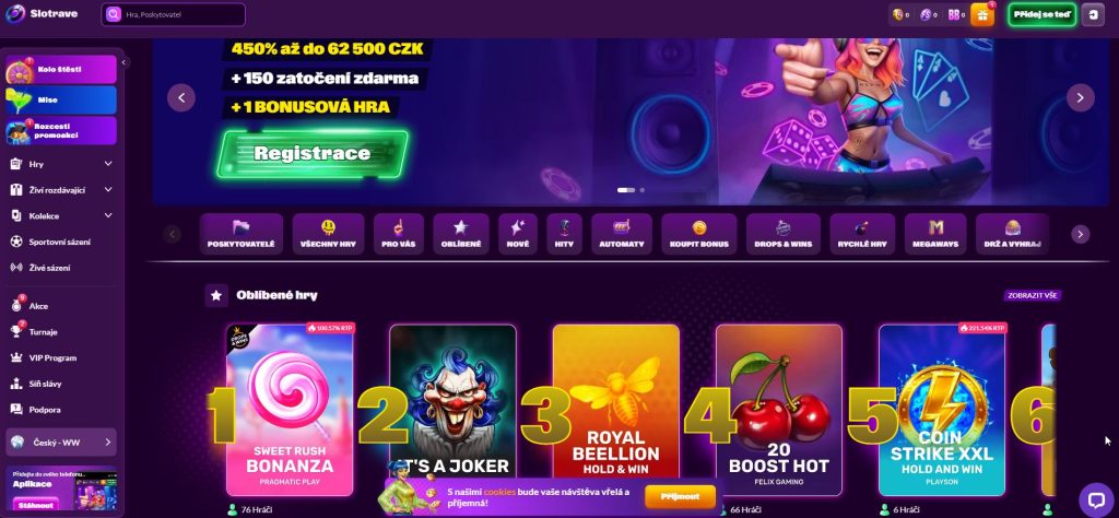 Obrázek online kasina Slotrave s uvítacím balíčkem až 5 000 $ a 150 free spinů a katalogem více než 7 000 her